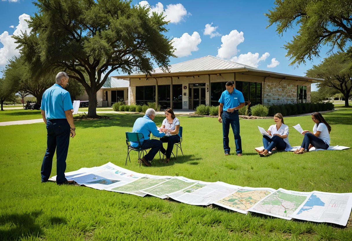 A Texan landscape featuring a bright blue sky and lush grass under the iconic Lone Star flag, with a diverse group of smiling people looking at various insurance documents and maps. In the background, outline of a modern insurance office with a friendly atmosphere. The scene should convey community, trust, and security, showcasing Texas' vibrant culture. super-realistic. vibrant colors. white background.