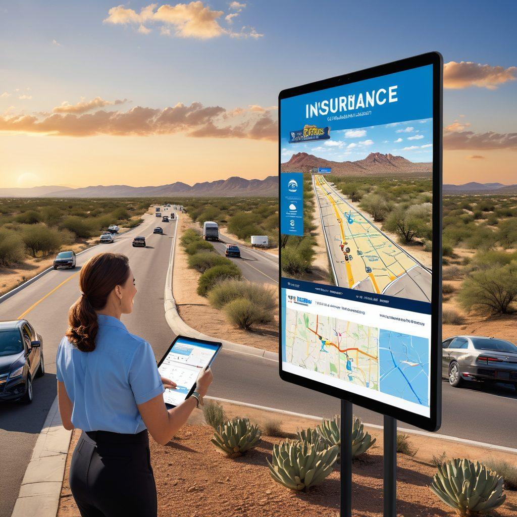 A Texas landscape featuring an open road leading to various insurance provider buildings, showcasing diverse signage with the words 'Estimates' and 'Insurance' prominently displayed. Include a friendly insurance agent engaging with a happy customer while a digital tablet shows estimates and maps. Bright blue skies and iconic Texas features like cacti and rolling hills in the background to emphasize the local feel. hyper-realistic. vibrant colors. white background.